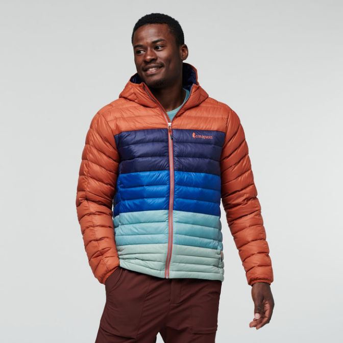 Originele Cotopaxi Spice Strepen Fuego Donsjack Met Capuchon Colorblock Heren
